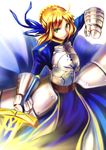  ahoge armor armored_dress artoria_pendragon_(all) blonde_hair dress excalibur fate/stay_night fate_(series) gauntlets green_eyes hair_ribbon highres ribbon saber solo sword tobio_(honya) weapon 