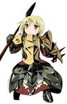  armor bangs blonde_hair blush boots breastplate buckle chainmail cosplay faulds frown full_armor gauntlets greaves hair_over_shoulder holding ichii_yui long_hair looking_at_viewer low_twintails over_shoulder pauldrons phalanx_(sekaiju) phalanx_(sekaiju)_(cosplay) polearm scrunchie sekaiju_no_meikyuu sekaiju_no_meikyuu_3 simple_background skirt spear spikes standing twintails watage_(lucky_yyg) weapon white_background yellow_eyes yuyushiki 