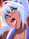  blue_eyes dark_skin imminent_fellatio looking_at_viewer majikina_mina nori_heita open_mouth samurai_spirits tongue tongue_out white_hair 