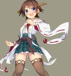  &gt;:d 1girl :d blue_eyes brown_hair cowboy_shot detached_sleeves frilled_skirt frills grey_background hairband hiei_(kantai_collection) kantai_collection looking_at_viewer metindone nontraditional_miko open_mouth ribbon-trimmed_sleeves ribbon_trim sash short_hair simple_background skirt smile solo thighhighs wide_sleeves zettai_ryouiki 