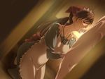  1girl alicia_melchiott apron blush breasts brown_eyes brown_hair censored collarbone dress fellatio highres jewelry kanna_asuke kneeling large_breasts long_hair necklace oral penis ponytail pregnant saliva senjou_no_valkyria senjou_no_valkyria_1 shoes standing sweat 