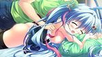  1girl areolae bed blue_hair blush breasts censored eyes_closed game_cg hair_ornament long_hair luluna magical_marriage_lunatics!! medium_breasts moonstone nipples open_mouth ornament penis pillow ribbon sex thighhighs twintails yamakaze_ran 