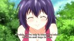  1girl animated animated_gif blush bouncing_breasts breasts cleavage large_breasts maken-ki! nijou_aki purple_hair red_eyes short_hair smile subtitled younger 