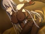  1girl arm_grab bare_shoulders bed belt blush breasts erect_nipples grey_hair highres huge_breasts kanna_asuke legs long_hair looking_away military military_uniform open_mouth pantyhose pillow red_eyes selvaria_bles senjou_no_valkyria senjou_no_valkyria_1 sitting sweat thighs uniform 