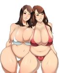  bikini breasts brown_eyes brown_hair bursting_breasts cameltoe dragoon-rekka dragoon_rekka female grin hips hitomi_tanaka huge_breasts kajika_rin large_breasts lips long_hair multiple_girls navel plump red_bikini red_swimsuit ria_sakuragi shiny shiny_skin simple_background skindentation smile standing swimsuit thick thick_thighs thighs white_bikini white_swimsuit wide_hips wink 