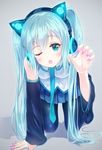  :o alc_(ex2_lv) all_fours animal_ears aqua_eyes aqua_hair axent_wear bad_id bad_pixiv_id bangs bare_shoulders blue_skirt blush cat_ear_headphones cat_ears claw_pose commentary detached_sleeves fake_animal_ears fake_nails fang fingernails hatsune_miku headphones highres long_hair looking_at_viewer nail_polish necktie one_eye_closed open_mouth pantyhose pink_nails pleated_skirt skirt solo twintails vocaloid 