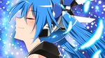  blue blue_background blue_hair bodysuit closed_eyes eyelashes hair_ornament happy henshin long_hair mecha_musume ore_twintail_ni_narimasu smile solo tailblue transformation twintails yuto_(dialique) 