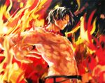  1boy abs belt fire freckles injury jewelry male male_focus necklace one_piece portgas_d_ace smile solo topless tsuyomaru 