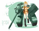  appetizer_(gray) armor artist_name bad_id bad_pixiv_id blonde_hair blue_eyes boots cannon caterpillar_tracks character_name dated garrison_cap ground_vehicle hammer_and_sickle hat highres mecha_musume military military_vehicle motor_vehicle original personification short_hair skirt solo t-54_(personification) tank turret 