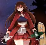  aircraft airplane akagi_(kantai_collection) arano_oki archer archer_(cosplay) brown_eyes brown_hair cosplay dual_wielding fate/stay_night fate_(series) flight_deck holding kantai_collection long_hair night serious solo star thighhighs 