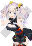  1girl :d bangs bare_shoulders black_legwear black_shirt black_skirt blue_eyes blue_nails breasts claw_pose cleavage cowboy_shot d-pad d-pad_hair_ornament fang hair_ornament hairclip hands_up highres kaguya_luna kaguya_luna_(character) leaning_forward long_hair looking_at_viewer luse_maonang medium_breasts miniskirt motion_lines multicolored multicolored_nails nail_polish obi open_mouth pink_nails red_nails ribbon sanpaku sash shirt sidelocks silver_hair skirt sleeveless sleeveless_shirt smile solo standing taut_clothes taut_shirt thighhighs turtleneck v-shaped_eyebrows virtual_youtuber white_ribbon wrist_ribbon yellow_nails zettai_ryouiki 