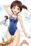  :d barefoot bicycle bird brown_eyes brown_hair chicken competition_school_swimsuit covered_navel fukami_hina glasslip goggles goggles_around_neck ground_vehicle hand_behind_head highleg highleg_swimsuit ishizu_kayu no_pants one-piece_swimsuit open_mouth school_swimsuit short_hair side_ponytail smile swimsuit 