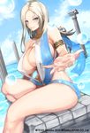  architecture armlet asanuma bare_shoulders blonde_hair blue_eyes breasts bubble center_opening column earrings greco-roman_architecture greek_mythology hoop_earrings huge_breasts jewelry long_hair looking_at_viewer moeru!_girisha_shinwa_no_megami_jiten moeru!_jiten official_art outstretched_hand pillar sideboob sitting smile solo tethys_(mythology) thighs water 