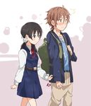  1girl backpack bag black_hair blue_eyes blush brown_eyes brown_hair hetero highres kitashirakawa_tamako long_hair low_twintails mizuse_kotone ooji_mochizou school_uniform short_hair sleeve_tug tamako_love_story tamako_market twintails 