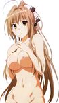 1girl ahoge amagi_brilliant_park blush breasts brown_eyes brown_hair cleavage hair_ribbon highres large_breasts long_hair looking_at_viewer navel nipples nude ponytail ribbon sento_isuzu simple_background solo standing white_background yellow_eyes 