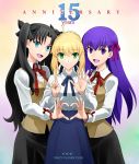  3girls ahoge artoria_pendragon_(all) black_hair black_ribbon blonde_hair blue_eyes blue_ribbon blue_skirt casual closed_mouth commentary_request eyebrows_visible_through_hair fate/stay_night fate_(series) green_eyes hair_ribbon heart heart_hands heart_hands_duo homurahara_academy_uniform long_hair looking_at_viewer matou_sakura multiple_girls open_hand open_mouth pink_ribbon purple_eyes purple_hair ribbon saber school_uniform shirotsumekusa shirt short_hair skirt smile tohsaka_rin twintails white_shirt 