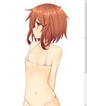  arms_behind_back bad_id bad_pixiv_id bare_shoulders bikini blush brown_hair fake_scrollbar flat_chest hair_ornament hairclip ikazuchi_(kantai_collection) kantai_collection micro_bikini navel orange_bikini out-of-frame_censoring shinopoko short_hair solo striped striped_bikini swimsuit trolling yellow_eyes 