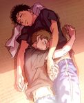  abe_takaya black_hair blonde_hair blush closed_eyes couple da_kata groin holding_hands hug interlocked_fingers lying male_focus mihashi_ren multiple_boys on_side ookiku_furikabutte pants shirt sleeping sunlight sweatpants t-shirt yaoi 