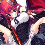  :p armlet bad_id bad_pixiv_id bare_shoulders belt black_footwear bloomers blue_eyes blush boots breast_press breasts buckle close-up demon_girl demon_horns demon_wings dress eigou_no_venus_gear frills highres horns jewelry long_hair necktie pointy_ears red_hair short_dress simple_background sleeveless sleeveless_dress smile solo spread_legs tongue tongue_out underwear weapon white_background wings yamacchi 