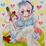  blush bow breasts food headphones highres large_breasts long_hair looking_at_viewer macaron microphone microphone_stand niko_(2ars) nitroplus open_mouth pink_hair red_eyes solo star star_print super_sonico underwear vintage_microphone white_legwear 