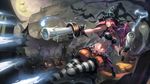  bat belt boots breasts candle ghost gun halloween hat high_heels highres jack-o'-lantern large_breasts league_of_legends lips long_hair midriff moon navel pantyhose sarah_fortune ship solo striped striped_legwear tombstone tree watercraft weapon weien witch_hat 