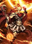  armor cape commentary crown english_commentary fiery_hair fingerless_gloves fire genzoman gloves glowing glowing_eyes god greek_mythology helios magic magic_circle male_focus muscle red_cape shoulder_pads signature solo sparks spikes staff sun vambraces 