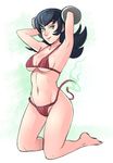  armpits arms_behind_head aura barefoot bikini black_hair bracelet breasts green_eyes greenmarine highres jewelry kneeling long_hair medium_breasts natsume_(pokemon) navel pokemon pokemon_(game) pokemon_hgss side-tie_bikini solo swimsuit underboob wardrobe_malfunction 