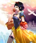  apple basket black_hair blue_eyes bow breasts cleavage dress eating food fruit garter_straps grimm's_fairy_tales hair_bow hair_ribbon large_breasts phil_(5192229) puffy_short_sleeves puffy_sleeves ribbon shingoku_no_valhalla_gate short_hair short_sleeves skirt skull_and_crossbones snow_white snow_white_(grimm) snow_white_and_the_seven_dwarfs solo thighhighs 