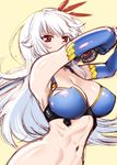  blue_gloves breasts cleavage elbow_gloves eleonora_viltaria gloves hair_ornament large_breasts long_hair madan_no_ou_to_vanadis navel red_eyes sketch solo toned ueyama_michirou upper_body white_hair yellow_background 