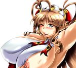  1girl areola_slip areolae armpits bandai_namco banpresto blue_eyes blush breasts brown_hair drill_hair female fingernails hair_ornament huge_breasts lips long_hair neige_hausen nipples pointy_ears simple_background sketch solo super_robot_wars super_robot_wars_og_saga_mugen_no_frontier super_robot_wars_og_saga_mugen_no_frontier_exceed super_robot_wars_original_generation upper_body wakamoto wakamoto_ero_mondo_tadao white_background wink 