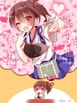  ;d bowl brown_hair chopsticks commentary food hair_between_eyes heart imagining japanese_clothes jitome kaga_(kantai_collection) kantai_collection long_hair love_live! love_live!_school_idol_project mogu_(au1127) muneate one_eye_closed open_mouth parody rice rice_bowl side_ponytail skirt smile solo thought_bubble translated twitter_username 