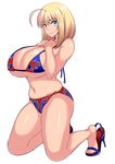  alternate_hair_color alternate_hair_length alternate_hairstyle bikini blonde_hair blue_bikini blue_eyes breasts cleavage flame_print groin high_heels highres huge_breasts komusou_(jinrikisha) looking_at_viewer navel o-ring o-ring_bottom ooba_minori original red_bikini sandals short_hair smile smirk solo swimsuit thighs 