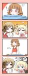  =_= alice_cartelet blonde_hair blush_stickers breast_conscious brown_hair comic crossover futsuu_no_joshikousei_ga_locodol_yattemita hands_on_own_chest hidamari_sketch highres kin-iro_mosaic long_hair multiple_girls nazukari_mirai school_uniform shijiani sports_bra sportswear twintails yuno 