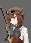  adapted_costume alternate_headgear black_gloves bow_(weapon) brown_eyes brown_hair coat crossbow gears gloves goggles goggles_on_head grey_background highres kantai_collection profile quality scope short_hair simple_background solo steampunk sudo_shinren taihou_(kantai_collection) upper_body weapon 