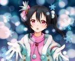  black_hair gloves highres love_live! love_live!_school_idol_project open_mouth red_eyes snow_halation snowflakes solo suito twintails yazawa_nico 