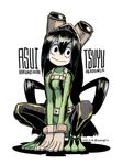  asui_tsuyu black_eyes black_hair bodysuit boku_no_hero_academia boots character_name copyright_name frog_girl gloves green_bodysuit hair_rings long_hair monster_girl oso_(toolate) solo thigh_boots thighhighs 