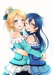  :d ;d ayase_eli bare_shoulders blonde_hair blue_eyes blue_hair bow earrings gloves hair_bow highres hug idol jewelry kira-kira_sensation! long_hair love_live! love_live!_school_idol_project multiple_girls one_eye_closed open_mouth ponytail smile sonoda_umi suito yellow_eyes 