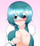  blue_eyes blue_hair blush breast_lift breasts collarbone commentary_request heterochromia highres juliet_sleeves large_breasts long_sleeves looking_at_viewer open_clothes open_shirt puffy_sleeves red_eyes self_fondle shimashima_nezumi shirt solo tareme tatara_kogasa touhou wavy_mouth 