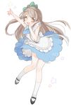  artist_name bad_id bad_pixiv_id blush bow brown_hair dress earrings hair_bow hand_on_own_cheek heart heart_earrings jewelry korekara_no_someday long_hair looking_at_viewer love_live! love_live!_school_idol_project marin_(myuy_3) minami_kotori one_side_up open_mouth simple_background sleeveless smile socks solo star white_background white_legwear yellow_eyes 