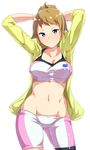  alp arms_behind_head ass_visible_through_thighs bike_shorts blue_eyes brown_hair collarbone groin gundam gundam_build_fighters gundam_build_fighters_try hoshino_fumina jacket midriff navel ponytail simple_background solo sports_bra white_background 