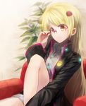  adjusting_eyewear blonde_hair commentary_request dqn_(dqnww) glasses hair_ornament hairclip jacket long_hair personification red_eyes rimless_eyewear sega_hard_girls sega_mega_drive_(sega_hard_girls) shorts 