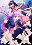  :3 animal_ears bamboo blazer blush bunny bunny_ears bunny_tail carrot carrot_necklace dress highres inaba_tewi jacket jewelry long_hair long_sleeves mana_(tsurubeji) multiple_girls neckerchief necklace open_mouth pendant pink_dress pink_eyes pink_hair purple_hair red_eyes reisen_udongein_inaba shirt skirt smile tail touhou 