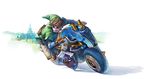  blonde_hair blue_eyes brown_gloves chainmail commentary concept_art driving earrings fingerless_gloves gloves ground_vehicle hat jewelry link male_focus mario_kart mario_kart_8 motor_vehicle motorcycle official_art pointy_ears solo the_legend_of_zelda triforce 