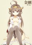 bad_id bad_twitter_id bare_shoulders brown_hair detached_sleeves grey_eyes kantai_collection kongou_(kantai_collection) open_clothes open_shirt shirt sitting solo souji thighhighs torn_clothes 