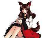  animal_ears blush brooch brown_hair collarbone dress highres imaizumi_kagerou jewelry long_hair looking_at_viewer red_eyes simple_background sitting smile solo tail toluda touhou white_background wolf_ears wolf_tail 