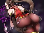  ass ass_grab bare_shoulders black_gloves brown_eyes brown_hair elbow_gloves fishnets from_behind gloves grabbing_own_ass kanta_(x-tei) long_hair looking_at_viewer looking_back ninja original panties parted_lips ponytail red_eyes red_panties scarf solo tassel thighhighs thong torn_scarf translation_request underwear very_long_hair 