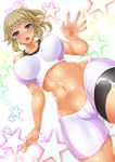  :o bike_shorts blonde_hair breasts cameltoe covered_nipples gundam gundam_build_fighters gundam_build_fighters_try highres hoshino_fumina large_breasts looking_at_viewer looking_down navel poko_chin short_hair solo 