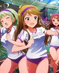  ahoge blue_eyes borrowing_race brown_eyes brown_hair buruma green_footwear green_hair gym_uniform hairband idolmaster idolmaster_million_live! multiple_girls official_art print_shirt purple_buruma purple_hairband shimabara_elena shirt sports_festival tanaka_kotoha tokoro_megumi track white_shirt 