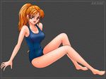  1girl bad_company_(dr._tecmac) bikini high_ponytail orange_hair ponytail red_eyes sitting solo swimsuit 