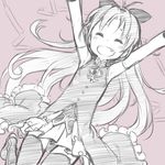 :d \o/ ^_^ armpits arms_up bad_id bad_tumblr_id closed_eyes detached_sleeves fang flat_chest kuroboshi_kouhaku long_hair mahou_shoujo_madoka_magica multiple_monochrome open_mouth outstretched_arms pleated_skirt ponytail sakura_kyouko simple_background skirt smile solo thighhighs weapon 